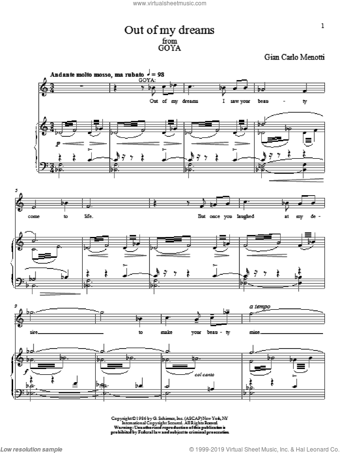 Out Of My Dreams sheet music for voice and piano by Gian Carlo Menotti, classical score, intermediate skill level