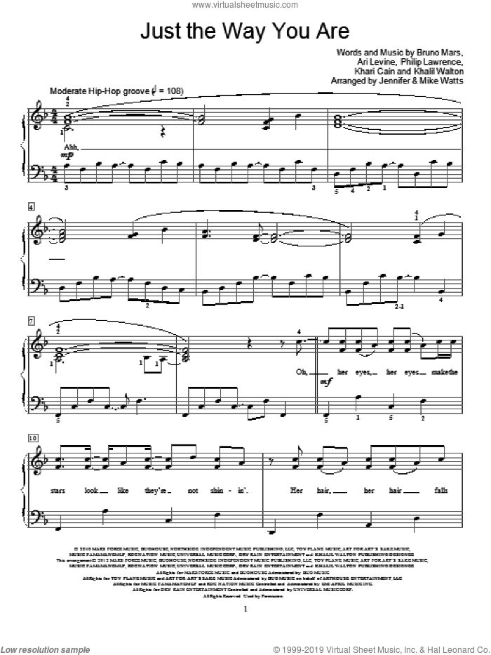 Just The Way You Are, (beginner) sheet music for piano solo (elementary) by Bruno Mars, Glee Cast, Jennifer Watts, Mike Watts and Miscellaneous, wedding score, beginner piano (elementary)