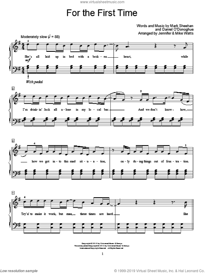 For The First Time sheet music for piano solo (elementary) by The Script, Jennifer Watts, Mike Watts and Miscellaneous, beginner piano (elementary)