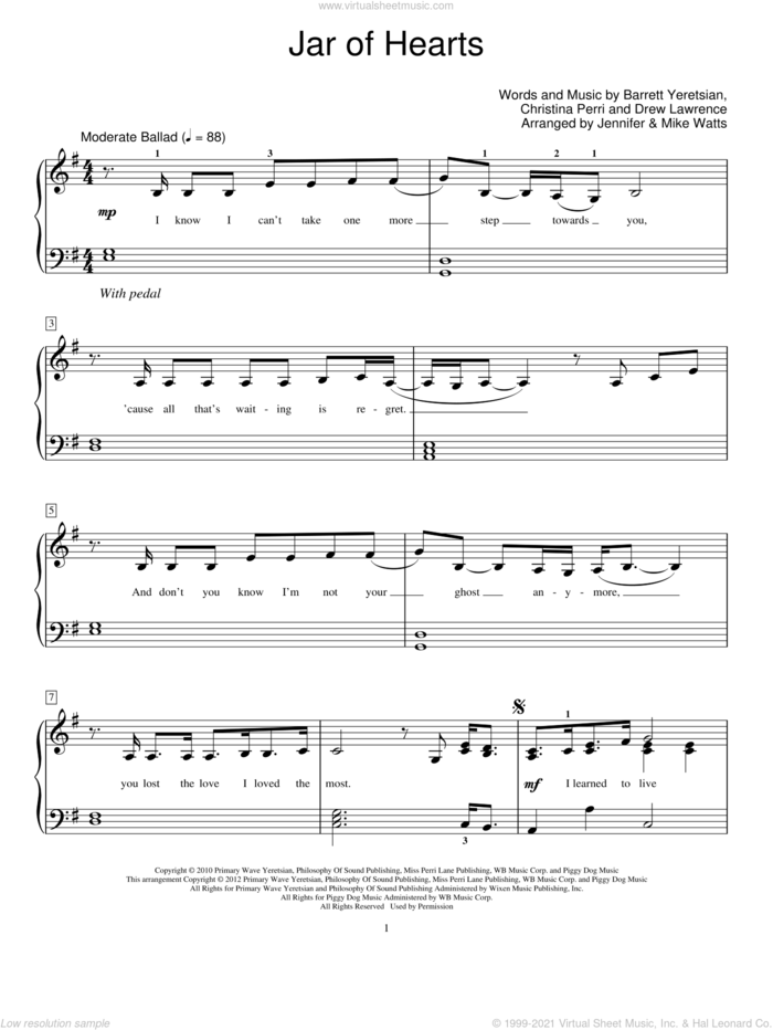 Jar Of Hearts sheet music for piano solo (elementary) by Christina Perri, Glee Cast, Jennifer Watts, Mike Watts and Miscellaneous, beginner piano (elementary)