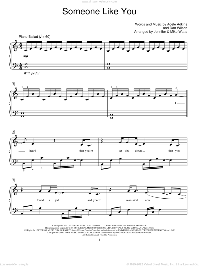 Someone Like You, (beginner) sheet music for piano solo (elementary) by Adele, Glee Cast, Jennifer Watts, Mike Watts and Miscellaneous, beginner piano (elementary)