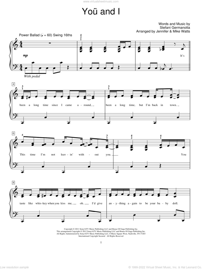 You And I sheet music for piano solo (elementary) by Lady Gaga, Jennifer Watts, Mike Watts and Miscellaneous, beginner piano (elementary)