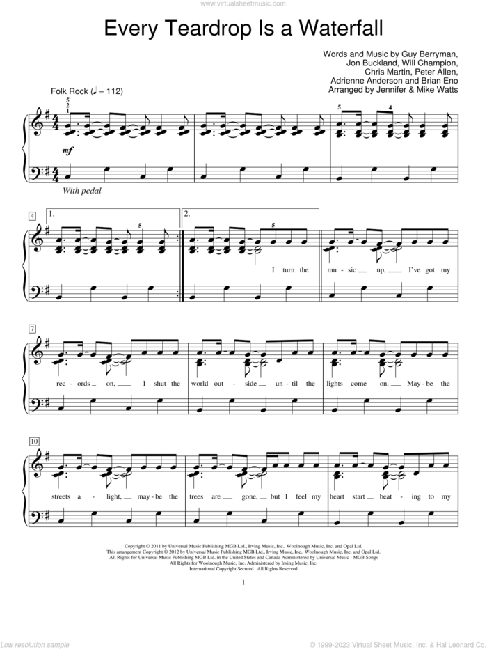 Every Teardrop Is A Waterfall sheet music for piano solo (elementary) by Coldplay, Jennifer Watts, Mike Watts and Miscellaneous, beginner piano (elementary)