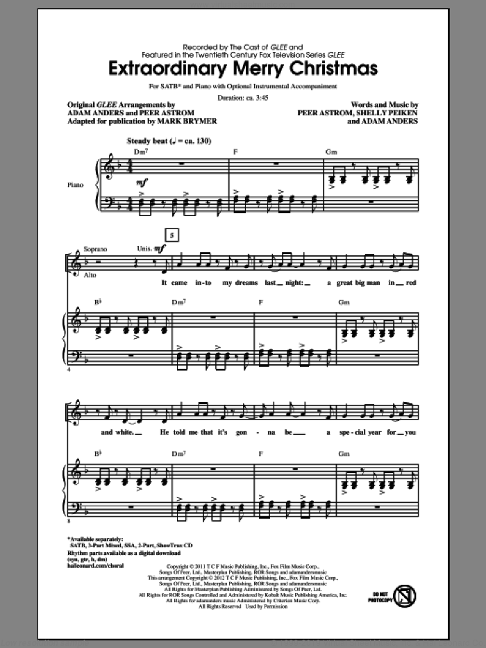 Extraordinary Merry Christmas sheet music for choir (SATB: soprano, alto, tenor, bass) by Peer Astrom, Adam Anders, Shelly Peiken, Glee Cast and Mark Brymer, intermediate skill level