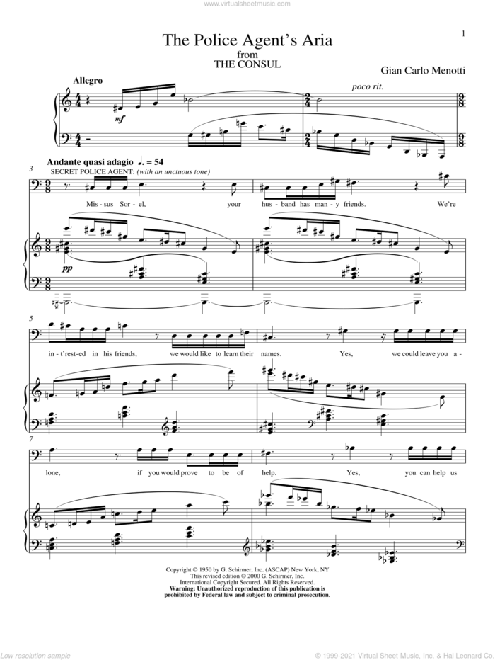 The Police Agent's Aria sheet music for voice and piano by Gian Carlo Menotti, classical score, intermediate skill level