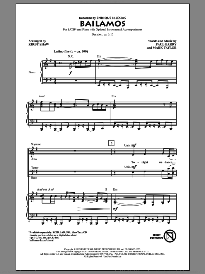 Bailamos sheet music for choir (SATB: soprano, alto, tenor, bass) by Kirby Shaw, Enrique Iglesias, Mark Taylor and Paul Barry, intermediate skill level