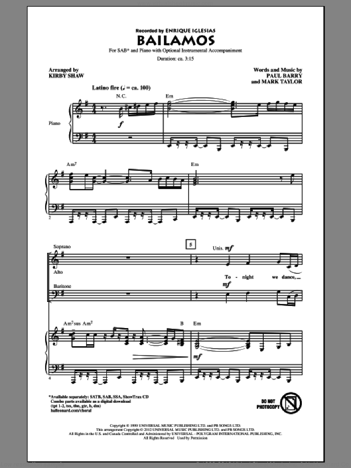 Bailamos sheet music for choir (SAB: soprano, alto, bass) by Kirby Shaw, Enrique Iglesias, Mark Taylor and Paul Barry, intermediate skill level