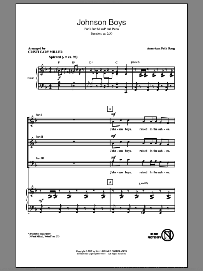 Johnson Boys sheet music for choir (3-Part Mixed) by Cristi Cary Miller and Miscellaneous, intermediate skill level