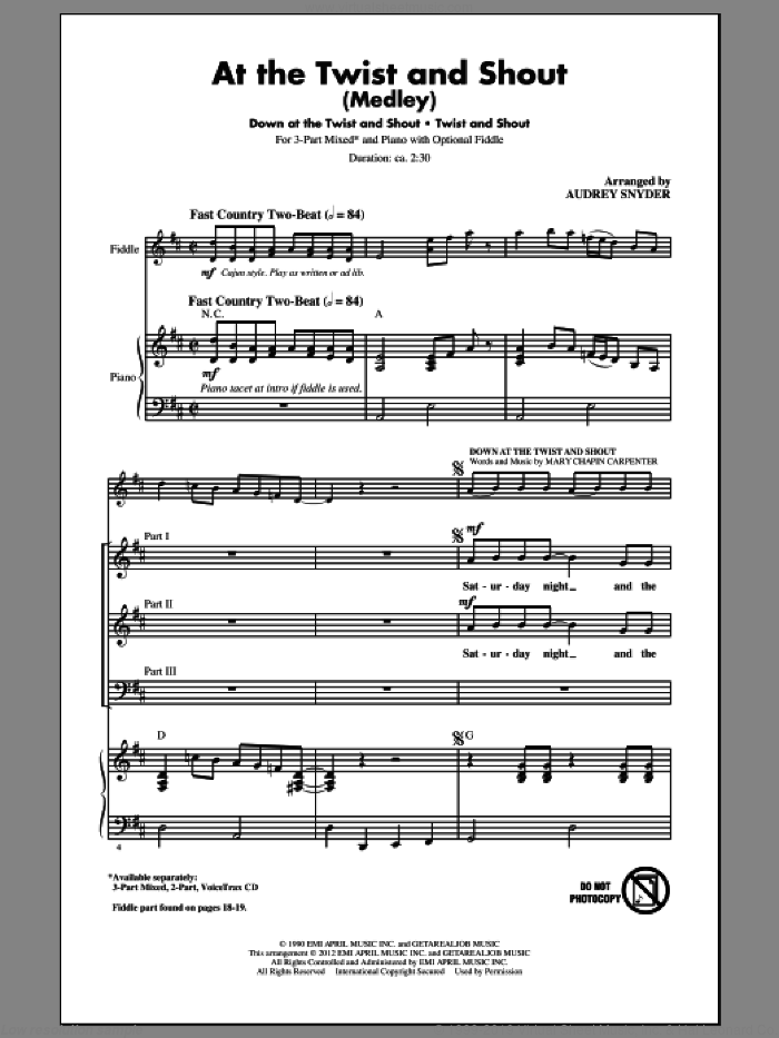 At The Twist And Shout sheet music for choir (3-Part Mixed) by Audrey Snyder, Beatles and Mary Chapin Carpenter, intermediate skill level