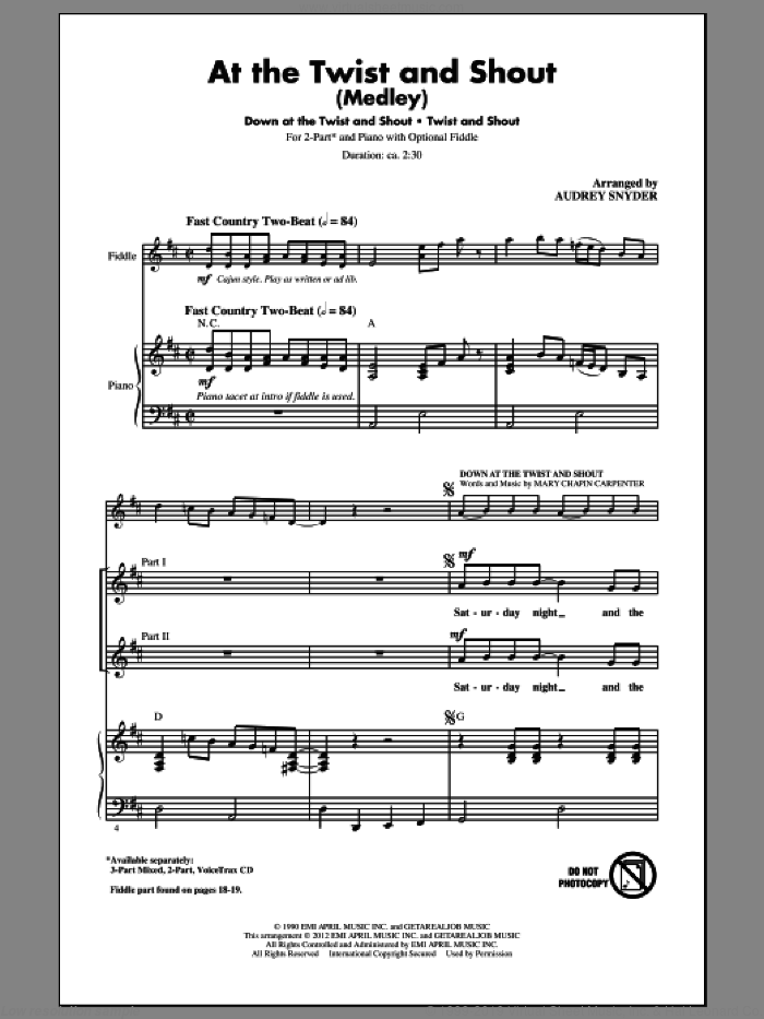At The Twist And Shout sheet music for choir (2-Part) by Audrey Snyder, Beatles and Mary Chapin Carpenter, intermediate duet
