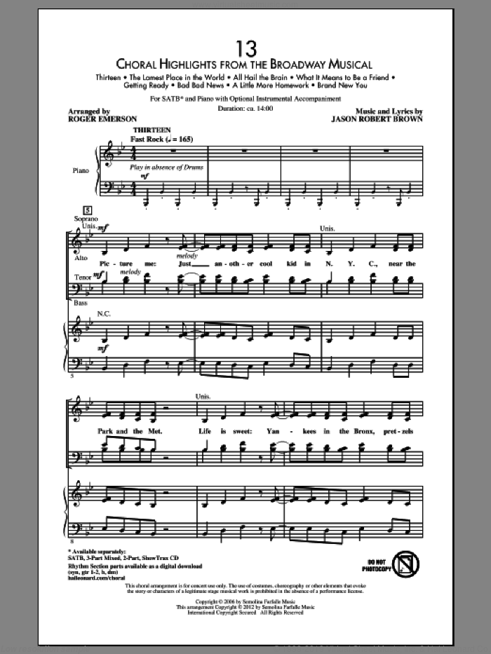 13 (Choral Highlights From The Broadway Musical) (arr. Roger Emerson) - Drums sheet music for choir (SATB: soprano, alto, tenor, bass) by Jason Robert Brown and Roger Emerson, intermediate skill level