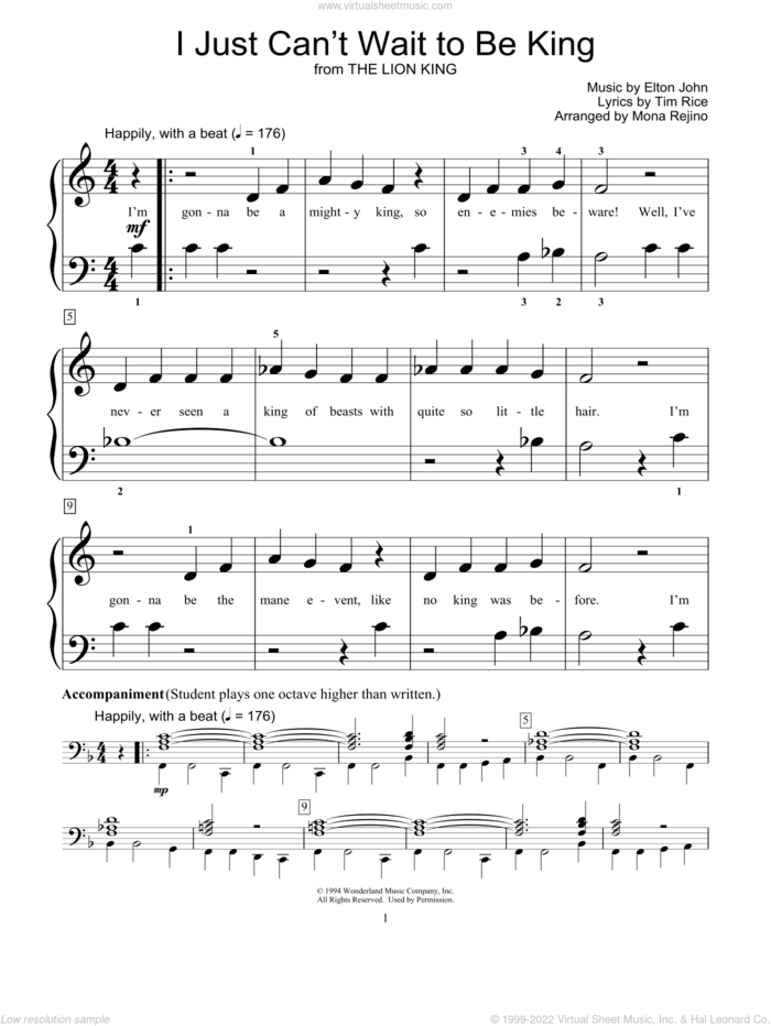 I Just Can't Wait To Be King (from The Lion King) (arr. Mona Rejino) sheet music for piano solo (elementary) by Elton John, Mona Rejino, Miscellaneous and Tim Rice, beginner piano (elementary)