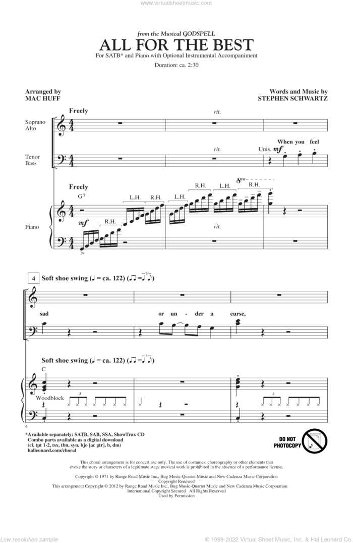All For The Best sheet music for choir (SATB: soprano, alto, tenor, bass) by Mac Huff and Stephen Schwartz, intermediate skill level