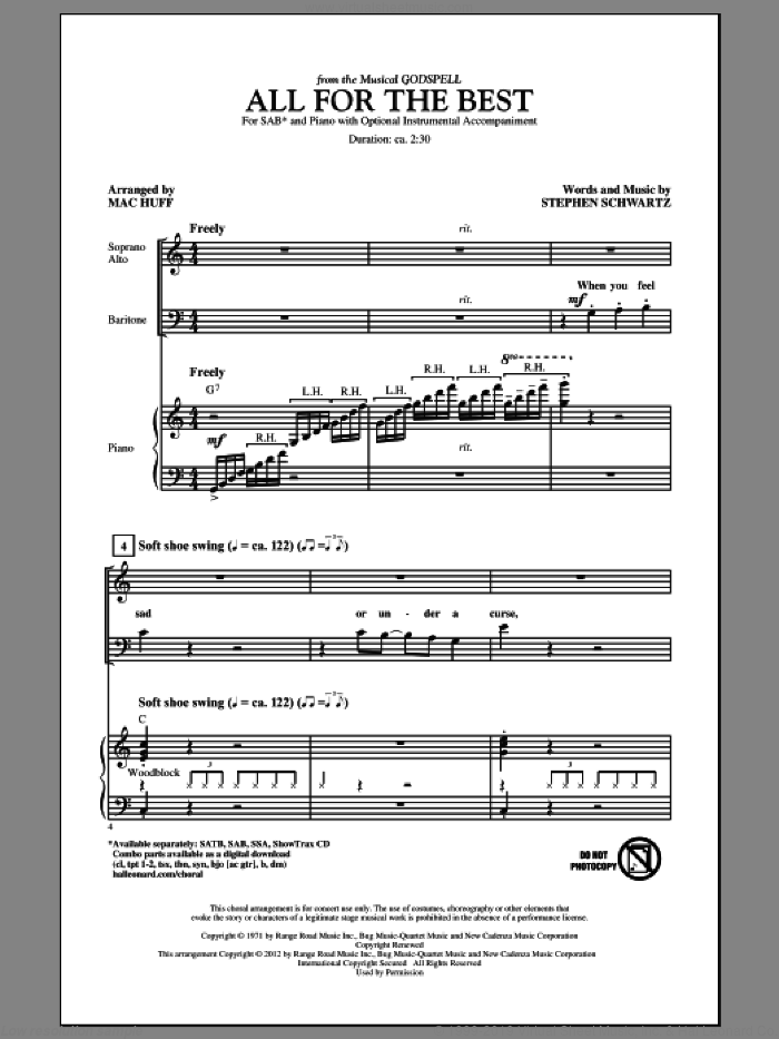 All For The Best sheet music for choir (SAB: soprano, alto, bass) by Mac Huff and Stephen Schwartz, intermediate skill level