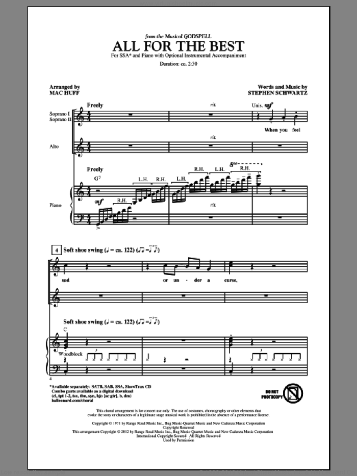 All For The Best sheet music for choir (SSA: soprano, alto) by Mac Huff and Stephen Schwartz, intermediate skill level