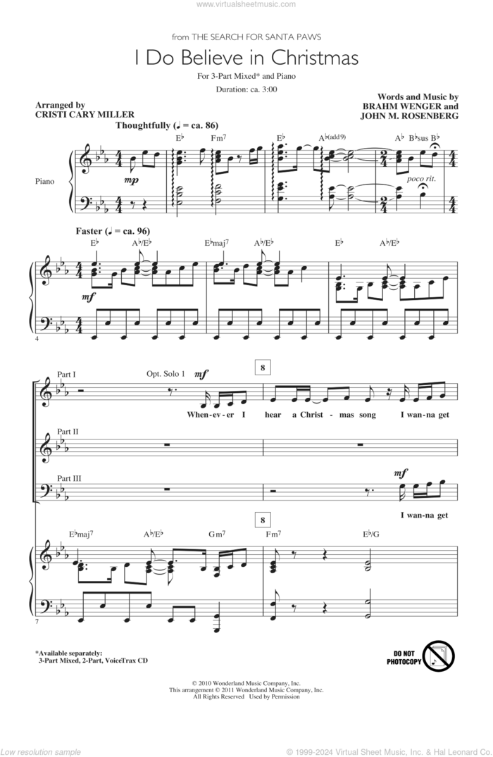 I Do Believe In Christmas sheet music for choir (3-Part Mixed) by Cristi Cary Miller, Brahm Wenger and John M. Rosenberg, intermediate skill level