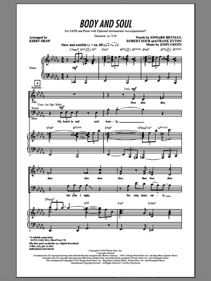 Body And Soul sheet music for choir (SATB: soprano, alto, tenor, bass) by Johnny Green, Amy Winehouse, Edward Heyman, Frank Eyton, Kirby Shaw, Robert Sour and Tony Bennett, intermediate skill level
