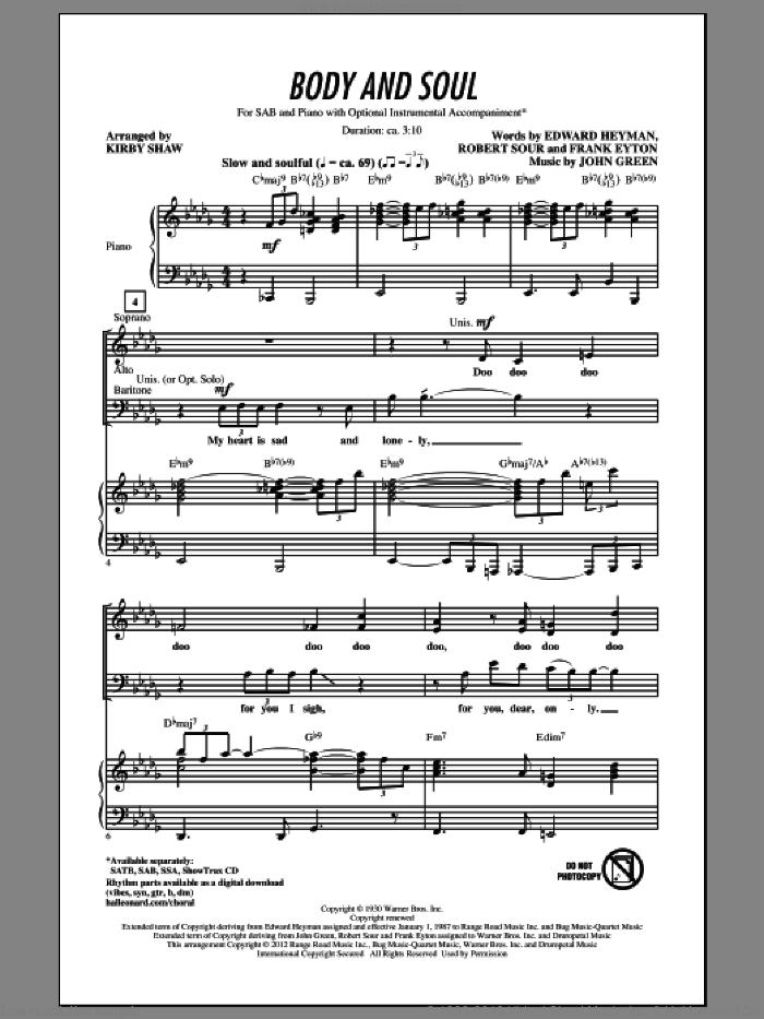 Body And Soul sheet music for choir (SAB: soprano, alto, bass) by Kirby Shaw, Amy Winehouse, Edward Heyman, Frank Eyton, Johnny Green, Robert Sour and Tony Bennett, intermediate skill level