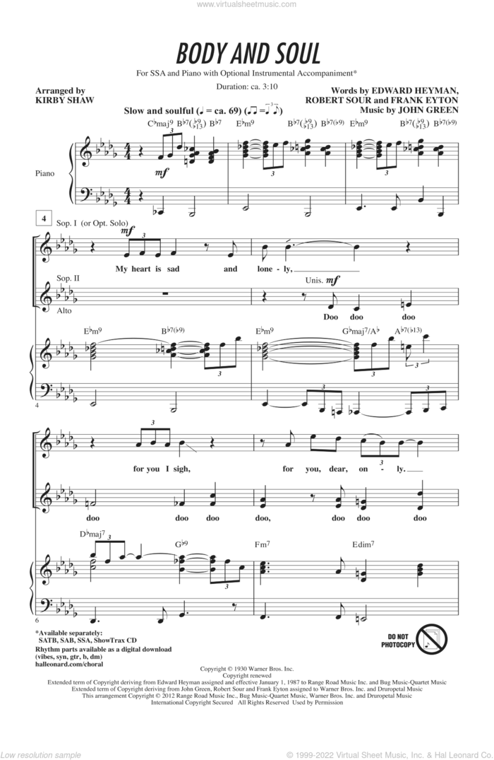 Body And Soul sheet music for choir (SSA: soprano, alto) by Johnny Green, Amy Winehouse, Edward Heyman, Frank Eyton, Kirby Shaw, Robert Sour and Tony Bennett, intermediate skill level