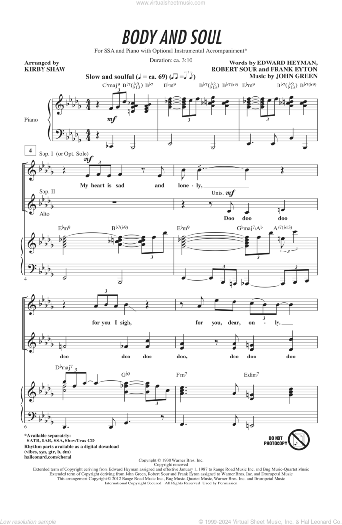 Body And Soul sheet music for choir (SSA: soprano, alto) by Johnny Green, Amy Winehouse, Edward Heyman, Frank Eyton, Kirby Shaw, Robert Sour and Tony Bennett, intermediate skill level