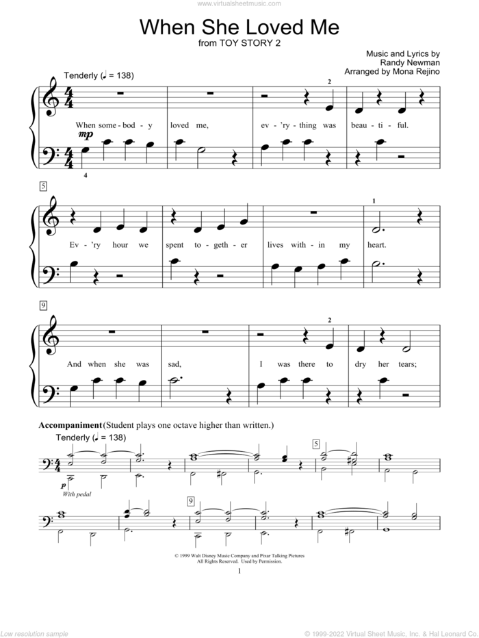 When She Loved Me (from Toy Story 2), (beginner) (from Toy Story 2) sheet music for piano solo (elementary) by Sarah McLachlan, Mona Rejino, Miscellaneous, Toy Story 2 (Movie) and Randy Newman, beginner piano (elementary)
