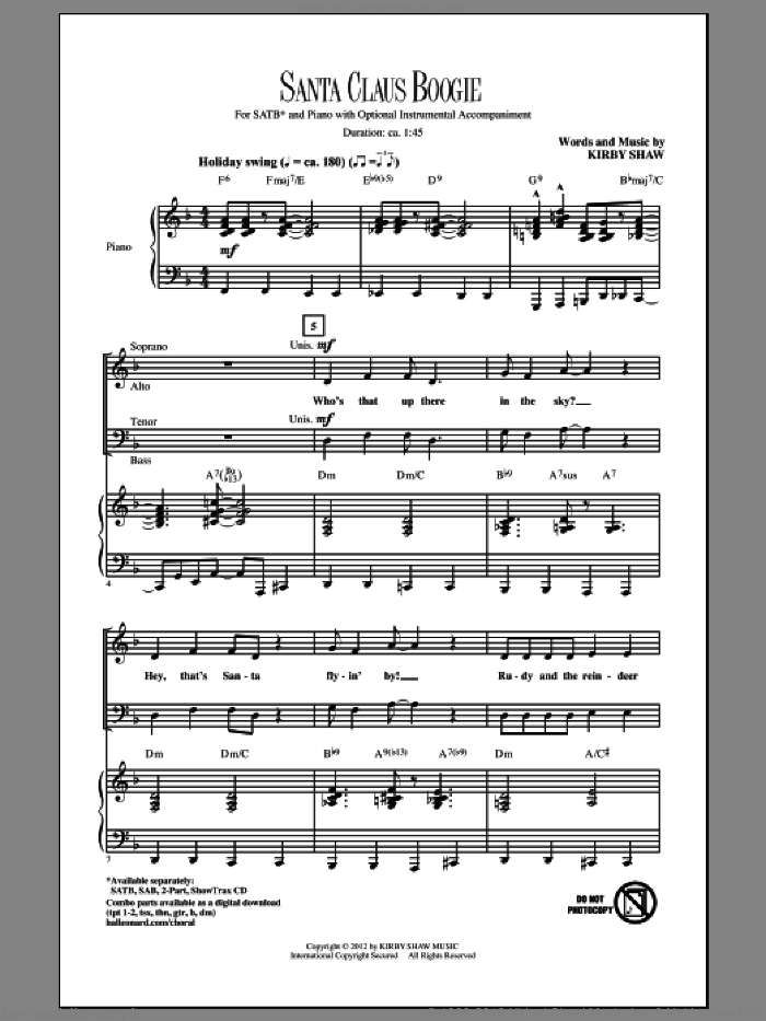 Santa Claus Boogie sheet music for choir (SATB: soprano, alto, tenor, bass) by Kirby Shaw, intermediate skill level