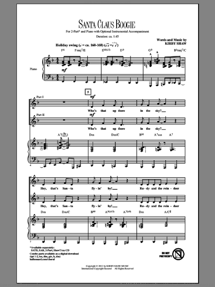 Santa Claus Boogie sheet music for choir (2-Part) by Kirby Shaw, intermediate duet