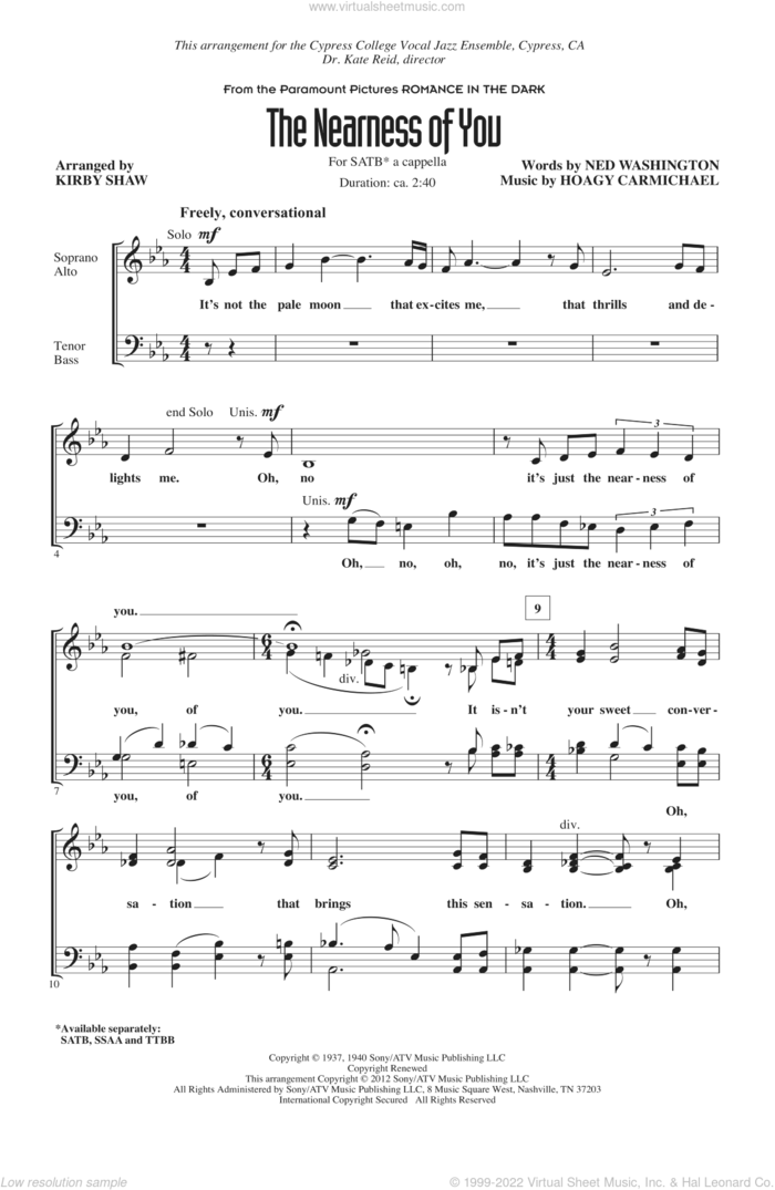 The Nearness Of You (arr. Kirby Shaw) sheet music for choir (SATB: soprano, alto, tenor, bass) by Hoagy Carmichael, Kirby Shaw and Ned Washington, intermediate skill level