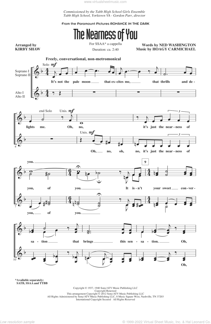 The Nearness Of You sheet music for choir (SSA: soprano, alto) by Hoagy Carmichael, Kirby Shaw and Ned Washington, intermediate skill level