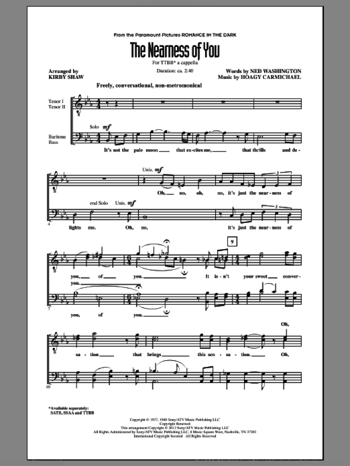 The Nearness Of You sheet music for choir (TTBB: tenor, bass) by Hoagy Carmichael, Kirby Shaw and Ned Washington, intermediate skill level