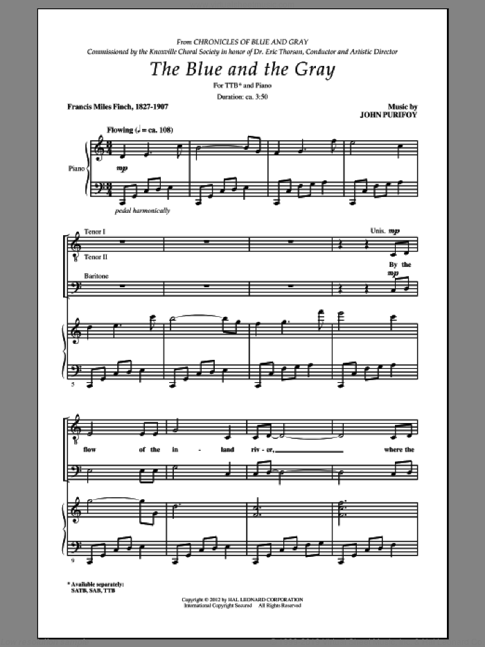 The Blue And The Gray sheet music for choir (TBB: tenor, bass) by John Purifoy and Francis Miles Finch, intermediate skill level
