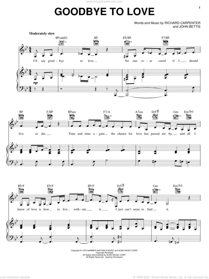 Goodbye To Love sheet music for voice, piano or guitar by Carpenters, John Bettis and Richard Carpenter, intermediate skill level
