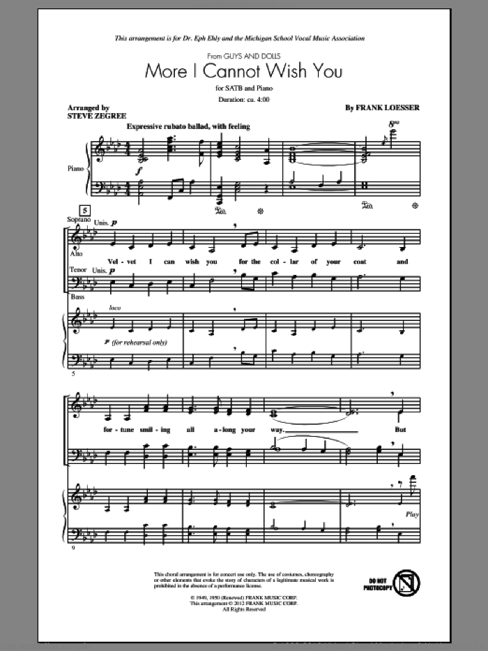 More I Cannot Wish You sheet music for choir (SATB: soprano, alto, tenor, bass) by Frank Loesser and Steve Zegree, intermediate skill level