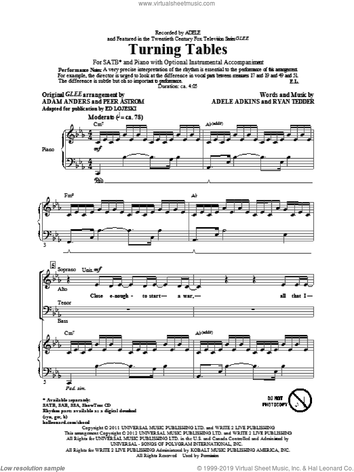 Turning Tables sheet music for choir (SATB: soprano, alto, tenor, bass) by Adele, Ed Lojeski and Glee Cast, intermediate skill level