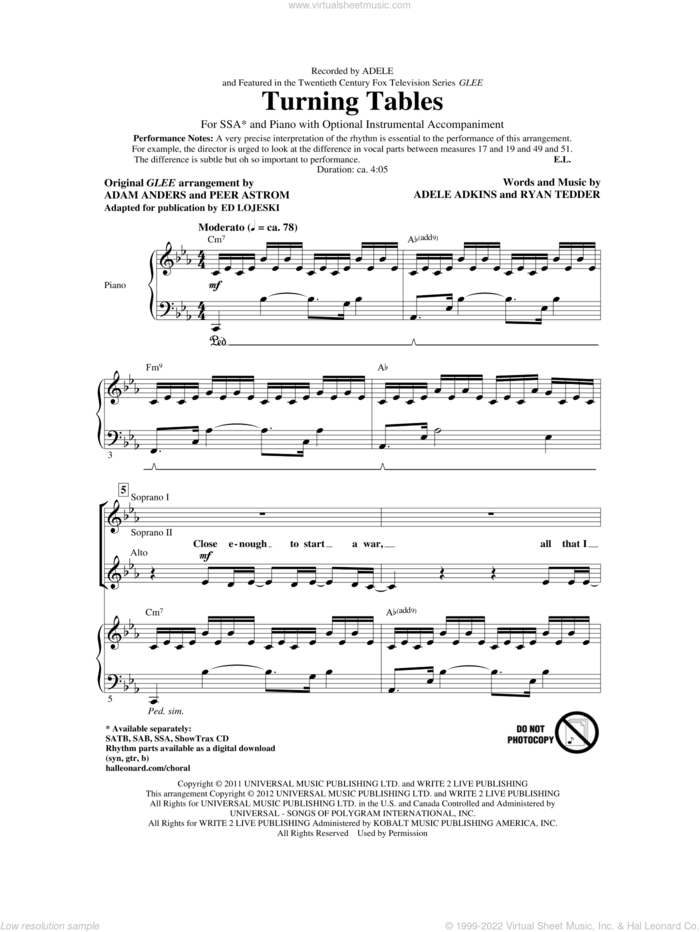 Turning Tables sheet music for choir (SSA: soprano, alto) by Adele, Ed Lojeski and Glee Cast, intermediate skill level