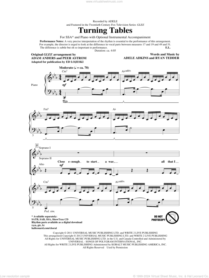 Turning Tables sheet music for choir (SSA: soprano, alto) by Adele, Ed Lojeski and Glee Cast, intermediate skill level