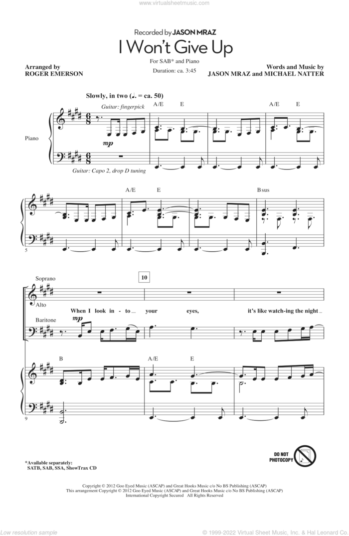 I Won't Give Up sheet music for choir (SAB: soprano, alto, bass) by Roger Emerson, Michael Natter and Jason Mraz, intermediate skill level