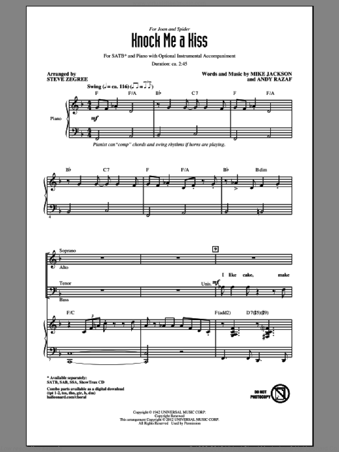 Knock Me A Kiss sheet music for choir (SATB: soprano, alto, tenor, bass) by Andy Razaf, Mike Jackson and Steve Zegree, intermediate skill level