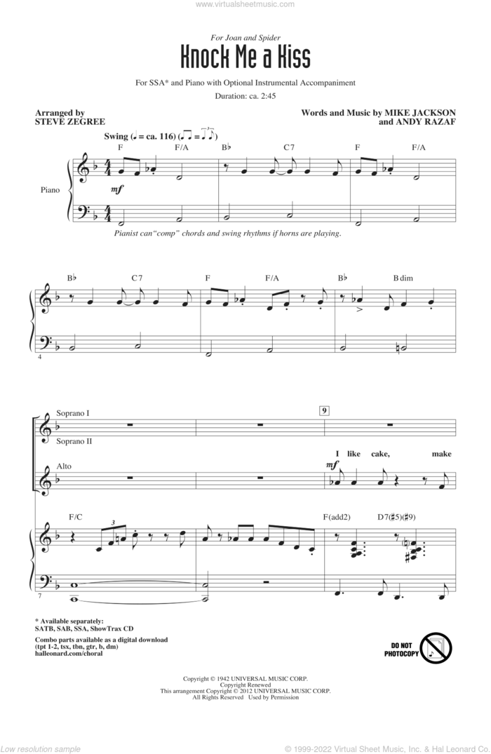 Knock Me A Kiss sheet music for choir (SSA: soprano, alto) by Andy Razaf, Mike Jackson and Steve Zegree, intermediate skill level