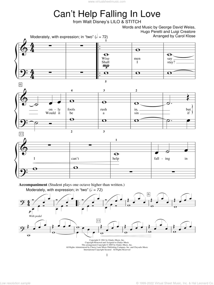 Can't Help Falling In Love sheet music for piano solo (elementary) by Elvis Presley, Carol Klose, Lilo & Stitch (Movie), Miscellaneous, George David Weiss, Hugo Peretti and Luigi Creatore, wedding score, beginner piano (elementary)