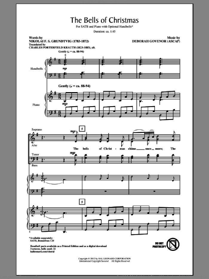 The Bells Of Christmas sheet music for choir (SATB: soprano, alto, tenor, bass) by Deborah Govenor and Nicolai F.S. Grundtvig, intermediate skill level