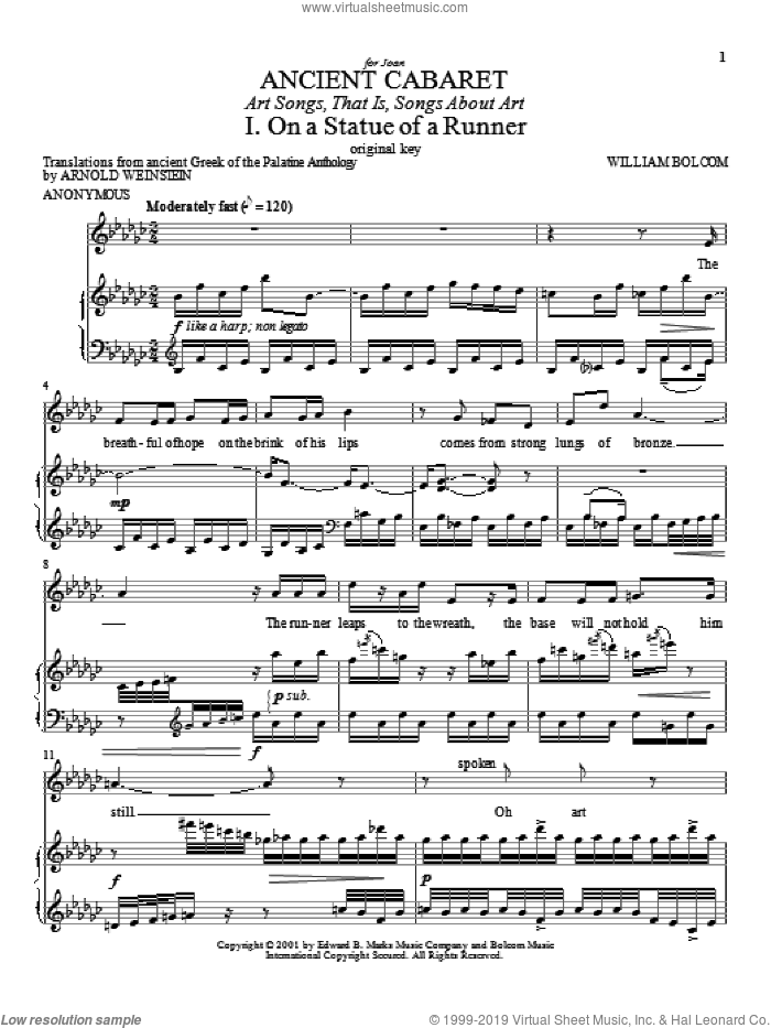 Ancient Cabaret sheet music for voice and piano by Arnold Weinstein and William Bolcom, classical score, intermediate skill level