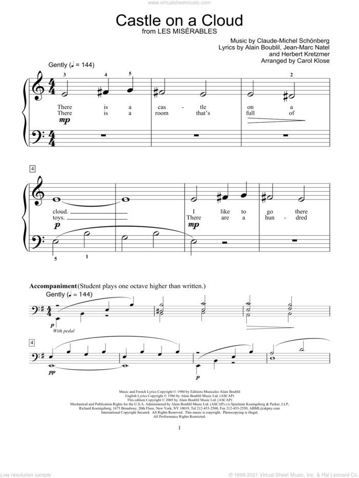 Castle On A Cloud sheet music for piano solo (elementary) by Alain Boublil, Carol Klose, Les Miserables (Musical), Miscellaneous, Claude-Michel Schonberg, Herbert Kretzmer and Jean-Marc Natel, beginner piano (elementary)