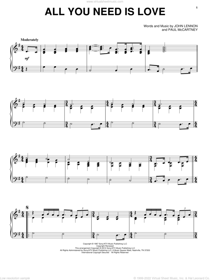 All You Need Is Love, (intermediate) sheet music for piano solo by The Beatles, John Lennon and Paul McCartney, wedding score, intermediate skill level
