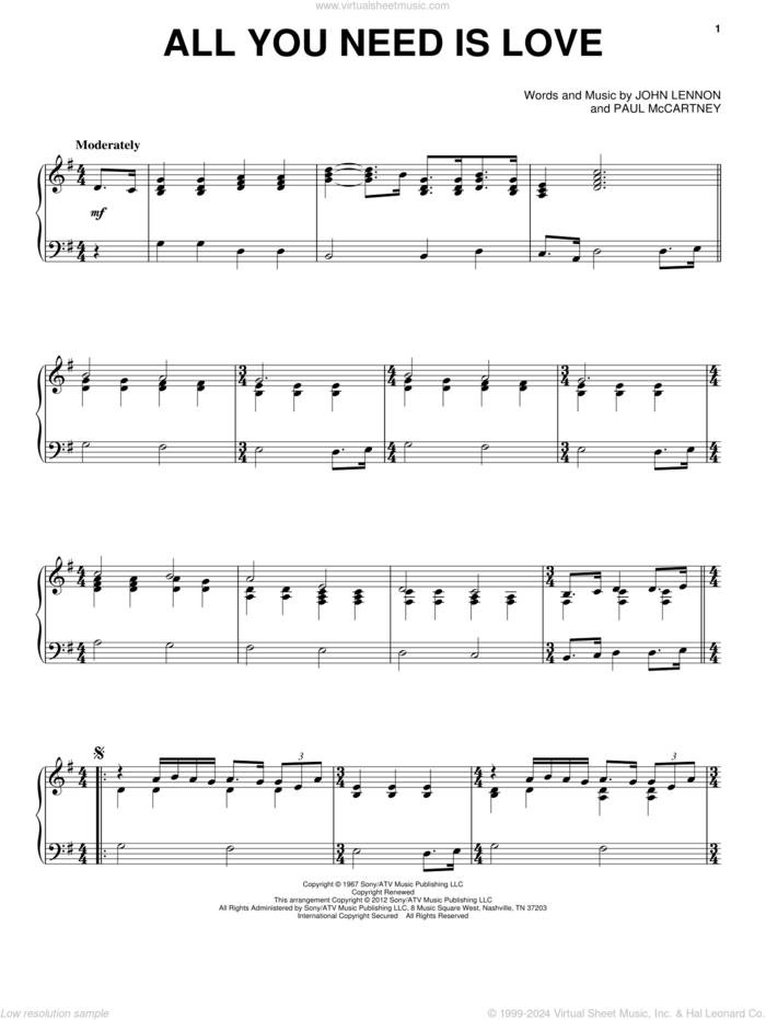 All You Need Is Love, (intermediate) sheet music for piano solo by The Beatles, John Lennon and Paul McCartney, wedding score, intermediate skill level