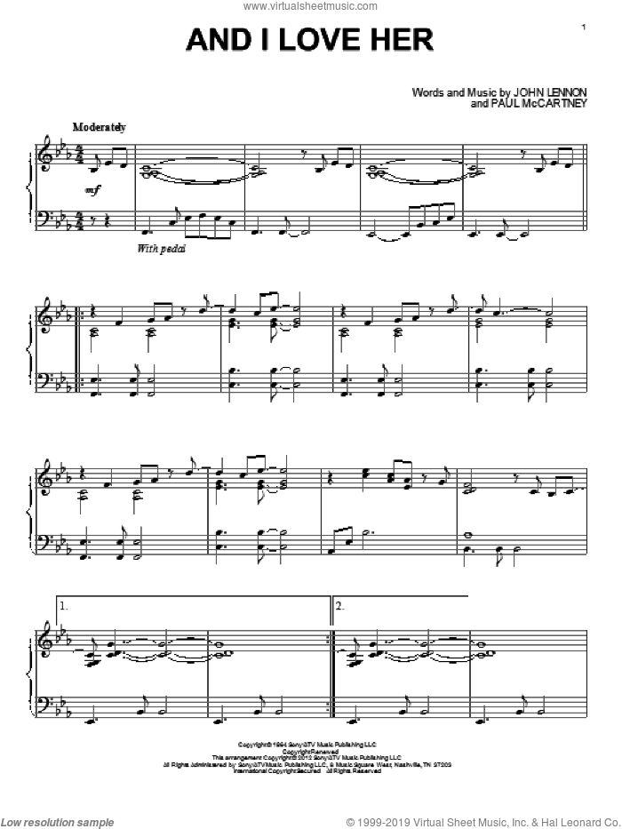 And I Love Her sheet music for piano solo by The Beatles, John Lennon and Paul McCartney, intermediate skill level