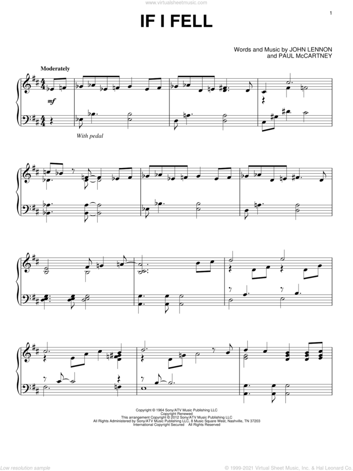 If I Fell, (intermediate) sheet music for piano solo by The Beatles, John Lennon and Paul McCartney, intermediate skill level