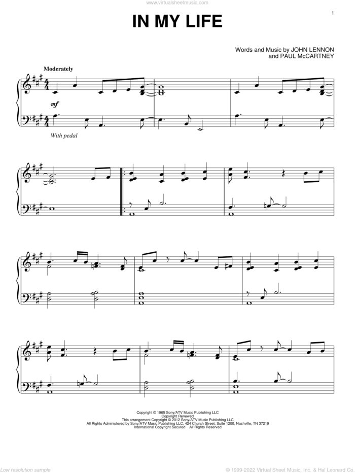 In My Life sheet music for piano solo by The Beatles, John Lennon and Paul McCartney, wedding score, intermediate skill level