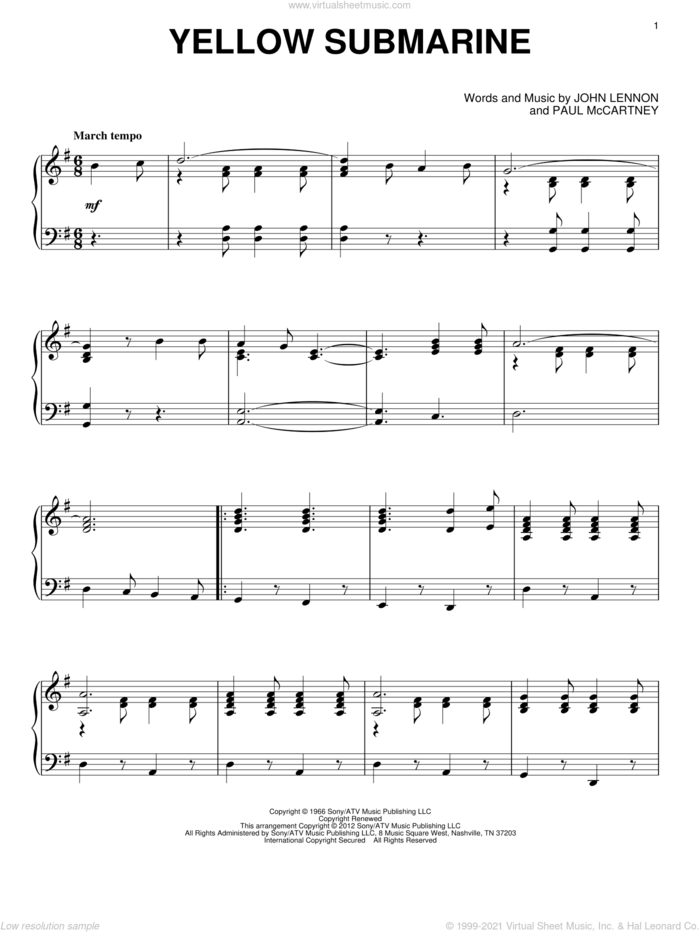 Yellow Submarine, (intermediate) sheet music for piano solo by The Beatles, John Lennon and Paul McCartney, intermediate skill level