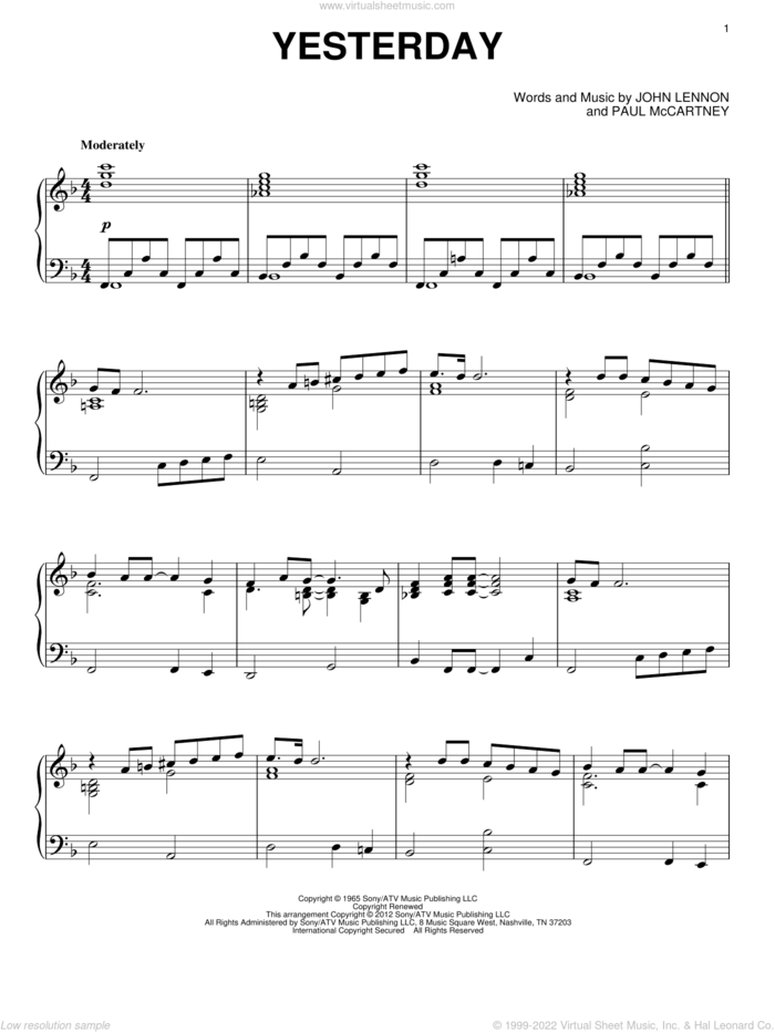 Yesterday sheet music for piano solo by The Beatles, John Lennon and Paul McCartney, intermediate skill level